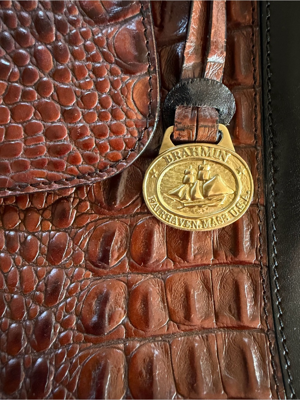 Brahmin Brown Croc Embossed & Black Leather Satchel Shoulder Bag Gold Hardware - Picture 2 of 5